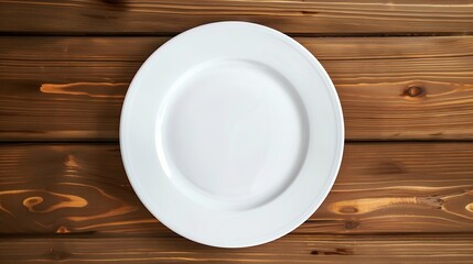 Ceramic white flat plate for food on wooden table top view : Generative AI