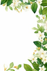 Fototapeta premium jasmine themed frame or border for photos and text. featuring delicate white flowers and green leaves. watercolor illustration, white color background.