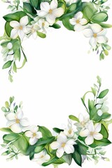 Fototapeta premium jasmine themed frame or border for photos and text. featuring delicate white flowers and green leaves. watercolor illustration, white color background.