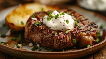 Steak with a side of baked potato topped with sour cream and chives