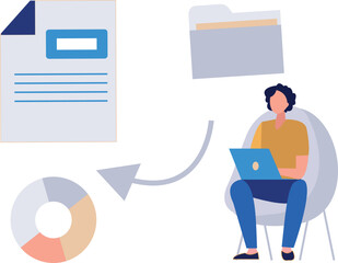 The boy is sitting and working on laptop.