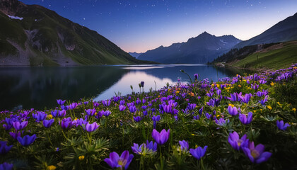 Realistic Painting Style of a landscape; mountain, lake, flowers; at night long exposure.