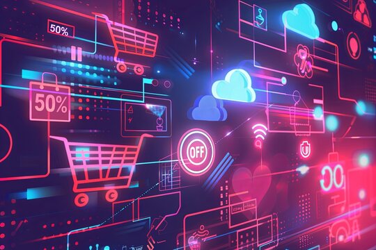 An abstract digital background featuring shopping carts, product icons, and the text 50 OFF against a futuristic, neon-lit backdrop. Generative AI