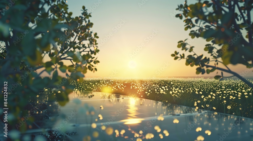 Poster solar panels in sunset sun energy and clean environment3d rendering : generative ai