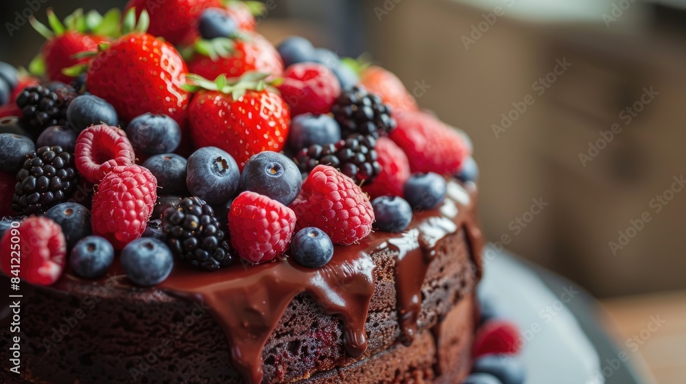 Poster chocolate cake with cocoa and raspberry filling topped with fresh berries