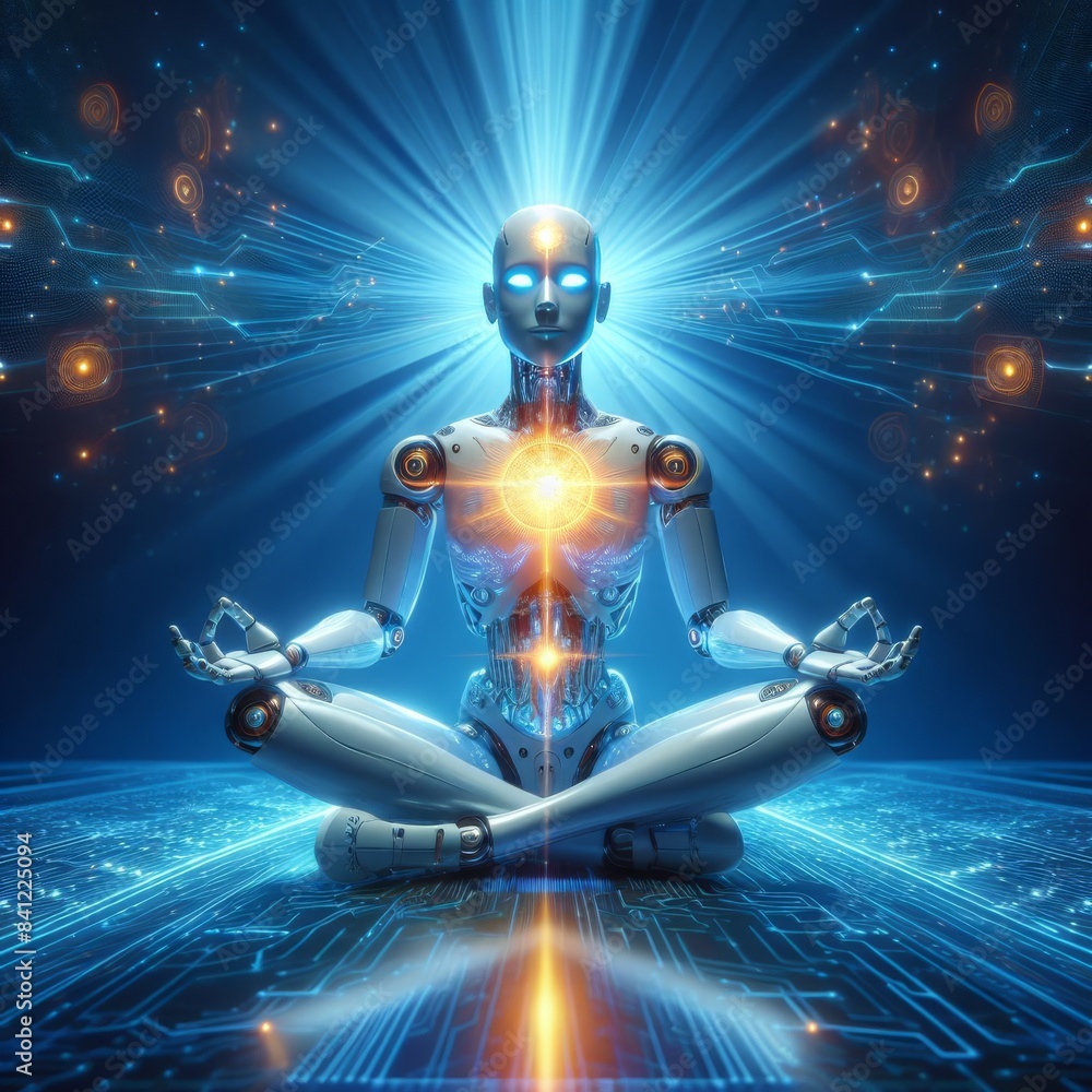 Poster an ai robot with a radiant heart core sits in a meditative pose, emitting beams of light. the image 
