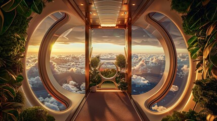Futuristic interior with panoramic window view above clouds, blending nature and technology, offers a serene and innovative atmosphere.