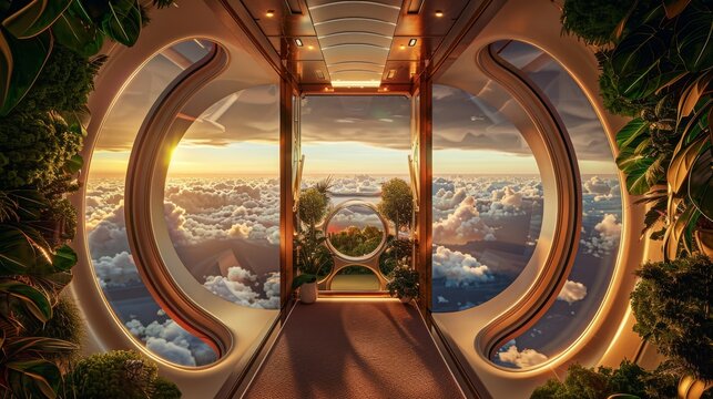 Futuristic interior with panoramic window view above clouds, blending nature and technology, offers a serene and innovative atmosphere.