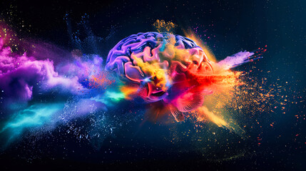 A colorful human brain with exploding color dust against a dark background. Brilliant ideas concept.