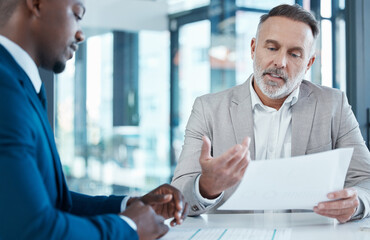 Business people, meeting discussion and documents for collaboration with partnership and planning...