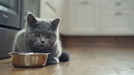A hungry gray British cat sits beside a food bowl in a kitchen eagerly watching