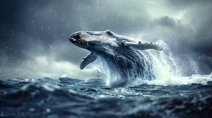 Fototapeta premium Majestic Whale Breaching the Stormy Ocean Surface with Powerful Splashes and Awe Inspiring Realism