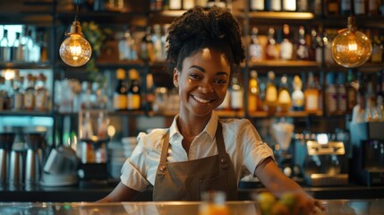A bartender smiling at the camera, standing behind a bar