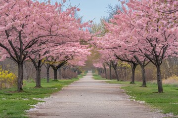 Naklejka premium Cherry blossom trees in full bloom, capturing the essence of spring. 