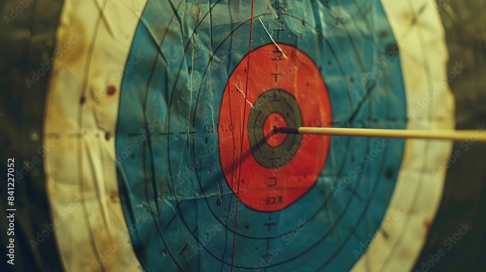 Poster a close-up shot of a target with an arrow inserted, suitable for use in hunting or archery-themed co