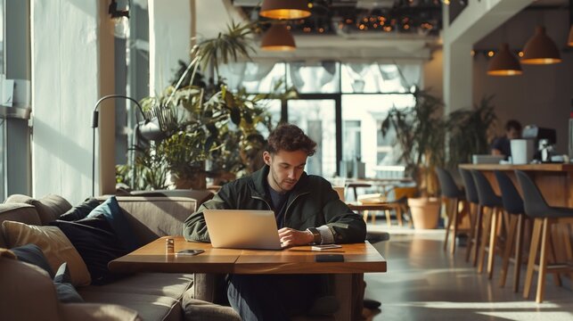 Innovative Co-Working Solutions: Man Drives Business Success, Analysing Data and Crafting Profitable Investment Strategies. Businessman Utilising Electronic Technologies for Data-Driven Trade Ventures