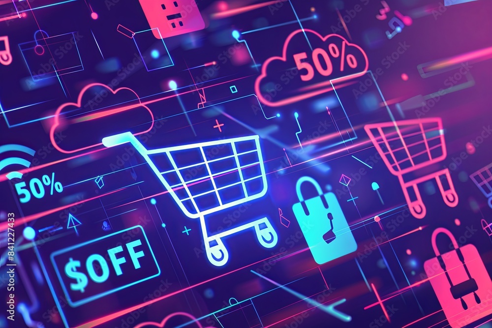 Poster an abstract background with a shopping cart, product icons, and 50% off text. generative ai