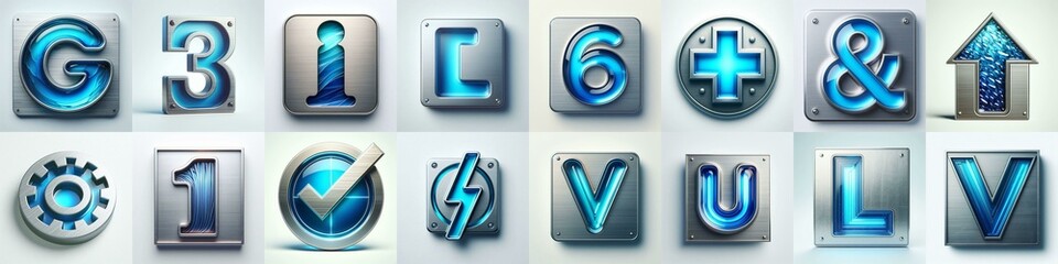 Obraz premium Brushed steel with Blue glass Lettering Typeface. AI generated illustration