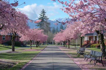 Cherry blossom trees in full bloom, capturing the essence of spring. 