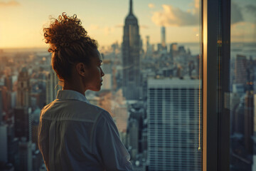 a woman looking out a window at a city