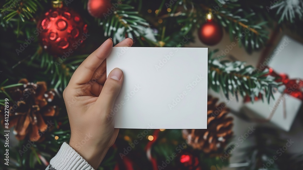 Poster hand holding holiday post card mock up blank empty mockup : generative ai