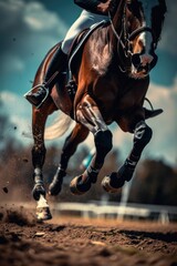 A rider on horseback crosses a dry and dusty field, with the sun setting in the background