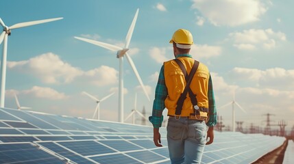 Professional Male Green Energy Engineer Walking On Solar Panel Wearing Safety Belt And Hard Hat Man Inspecting Sustainable Energy Farm With Wind Turbines VFX Edit Visualizing Electrici : Generative AI