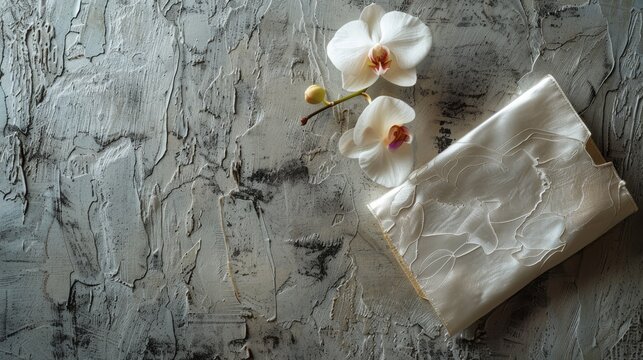 White orchid and wedding invitation on a gray textured surface