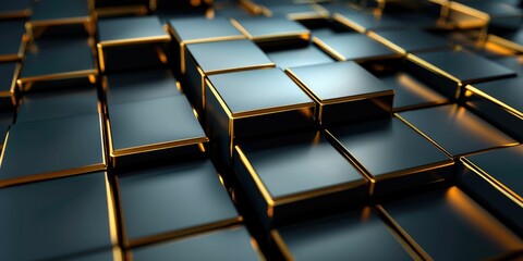 Obraz premium Abstract composition with golden-edged black cubes in a geometric pattern.