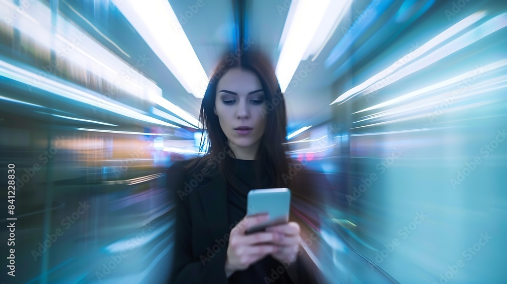 Leinwandbilder Business woman smartphone at office with motion blur and communication fast pace and busy with technology and wifi Chat email and social media female and speed with movement and mobile : Generative AI