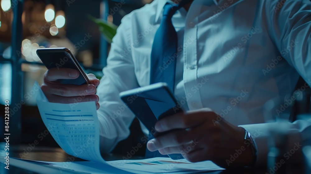 Aufkleber business man looking at financial information from a mobile phone he is checking company financial d