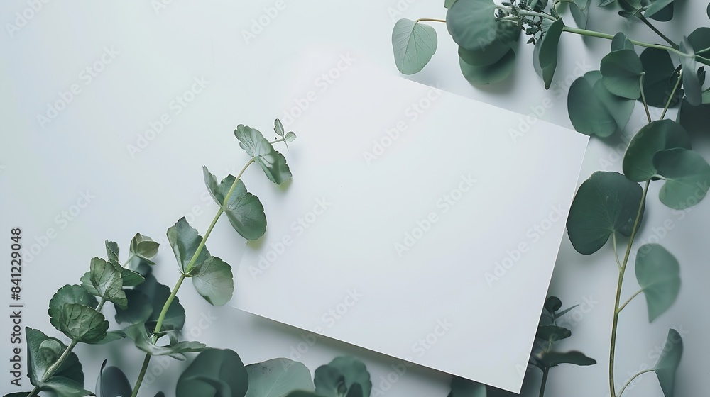 Poster mockup invitation blank greeting card and green leaves eucalyptus flat lay top view : generative ai