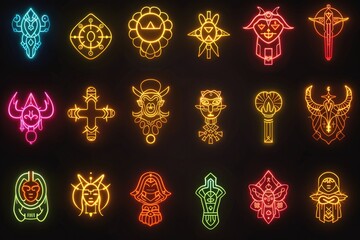 Collection of colorful neon signs against a dark backdrop, perfect for use in designs related to entertainment, nightlife, or urban themes