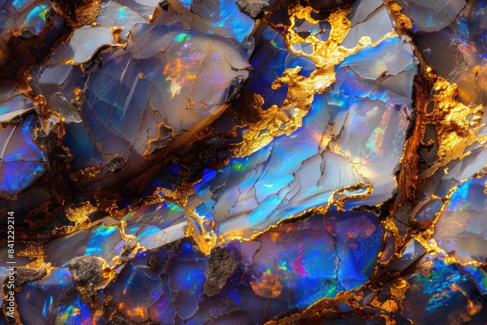 Poster a close-up shot of a rock with intricate blue and gold patterns, suitable for use in design or edito