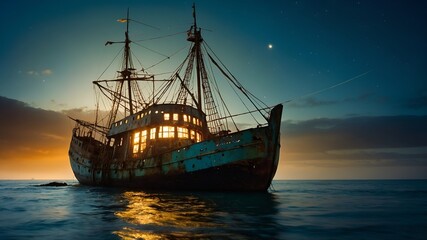 A luminously disintegrating temporal trawler, each aspect exudes vibrancy amidst deterioration: