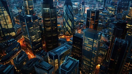 Aerial view of London cityscape at night with illuminated modern skyscrapers. Captivating urban scene showcasing bustling city life.
