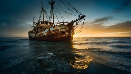 A luminously disintegrating temporal trawler, each aspect exudes vibrancy amidst deterioration: