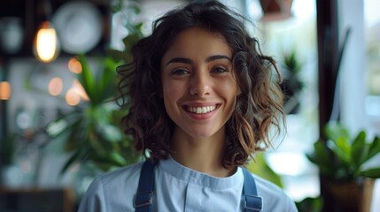 A smiling woman wearing blue shirt and overalls, suitable for casual use