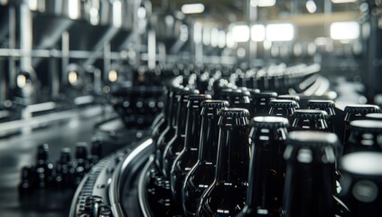 photo of the beer production line with black glass bottles