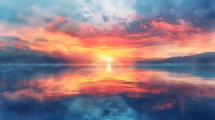 Serene Lake Reflecting a Vibrant Watercolor Sunset Amidst Tranquil Skies
