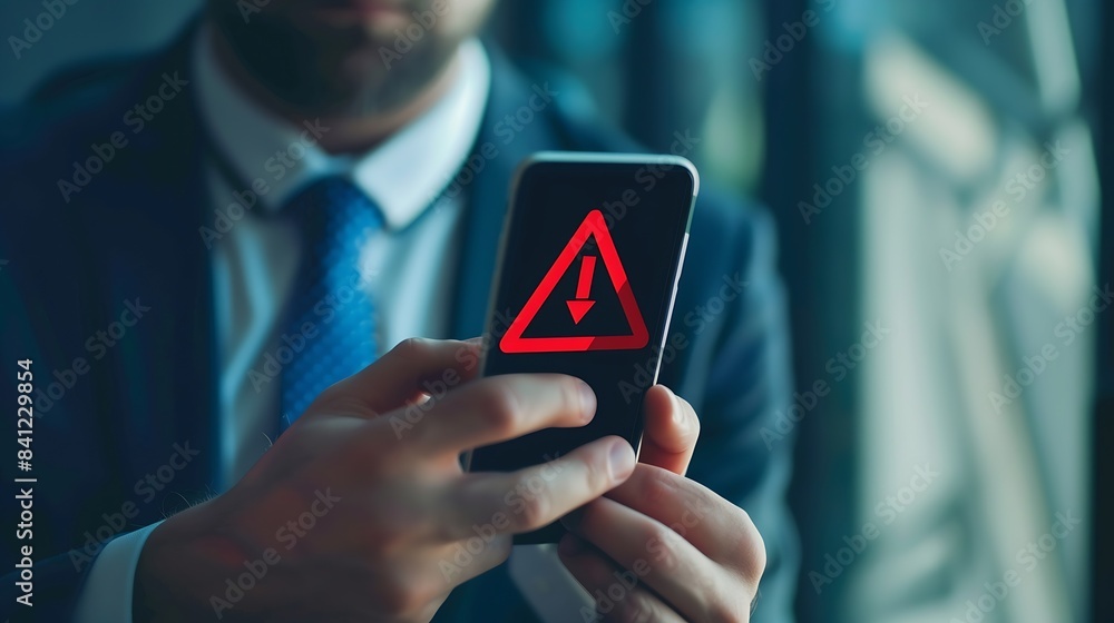 Poster Business man using smartphone and computer that show warning sign after got attack phishing email by malware from hacker that commit cyber crime or software crash to cause an error : Generative AI