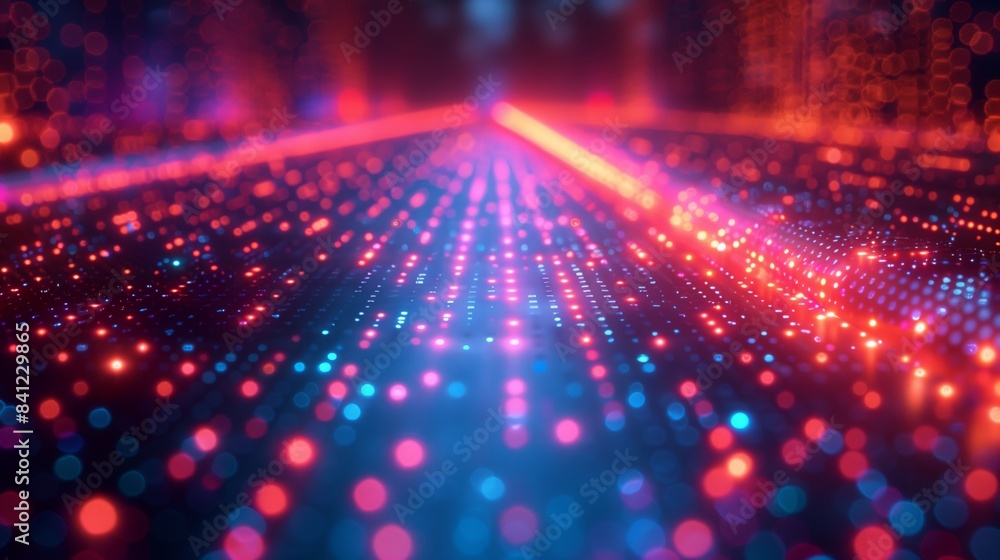 Poster a digital abstract background featuring a grid of glowing red and blue lights creating a dynamic fra