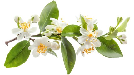 Orange tree branch with white flowers buds and leaves isolated on white Neroli blossom Citrus bloom : Generative AI