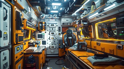 3D Rendering of Immersive Ambulance Interior with Paramedics Providing Critical Life Saving Care and Medical Equipment