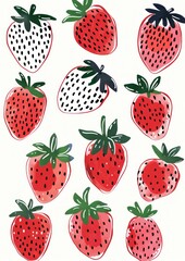 Pattern of fresh strawberries with black spots on white background for food and beauty concept