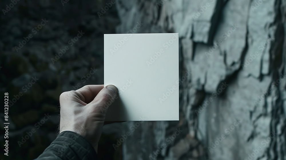 Poster mockup square empty blank white postcard holds the man in his hand isolated on a gray background : g