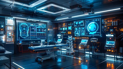 Naklejka premium Futuristic Healthcare Monitoring System with Holographic Screens and Advanced Medical Equipment