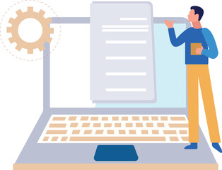 Boy showing document settings on laptop.