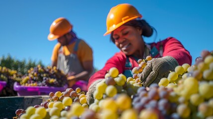 Joyful vineyard workers sorting grapes under a clear blue sky