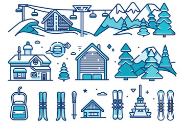 Fototapeta premium A house surrounded by snow with various ski equipment outside